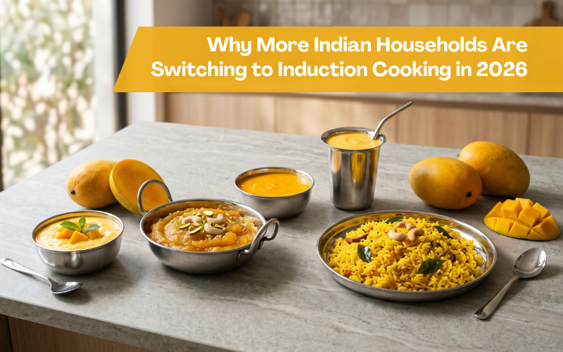 Quick mango recipes including mango rice, aamras, smoothie, parfait, and halwa served in stainless steel cookware with fresh mangoes on kitchen counter.