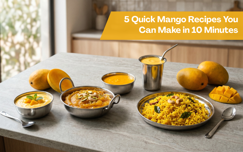 Quick mango recipes including mango rice, aamras, smoothie, parfait, and halwa served in stainless steel cookware with fresh mangoes on kitchen counter.