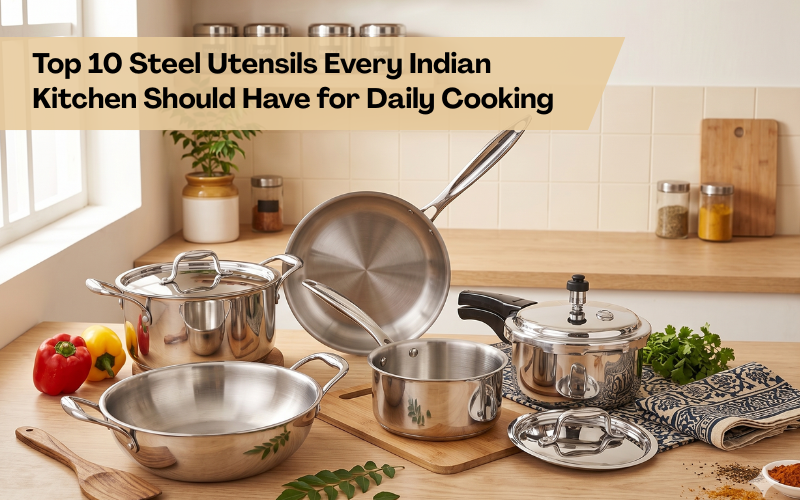 Top 10 steel utensils for Indian kitchen displayed on wooden countertop including pressure cooker, kadhai, fry pan and sauce pan in a modern Indian kitchen setting