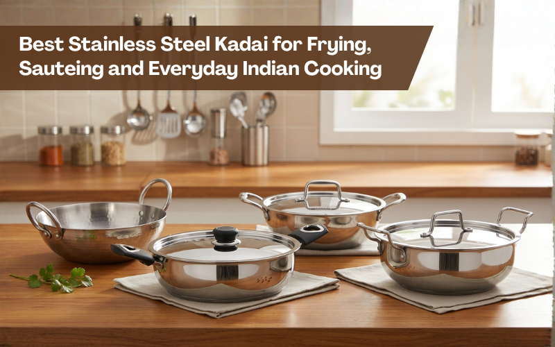 Best stainless steel kadai for Indian cooking with multiple Vinod steel kadais on kitchen counter for frying, sauteing and daily cooking use.
