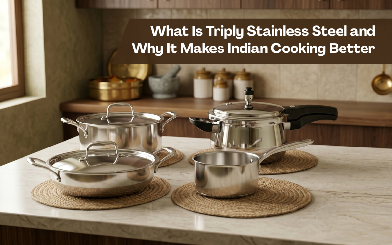 Triply stainless steel cookware used in Indian kitchen highlighting even cooking and durability benefits.
