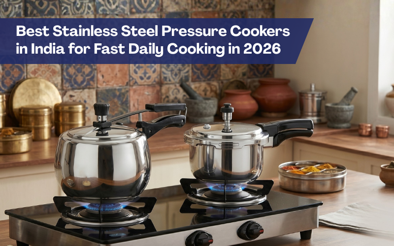 Best stainless steel pressure cooker India inner lid and outer lid on gas stove in Indian kitchen.