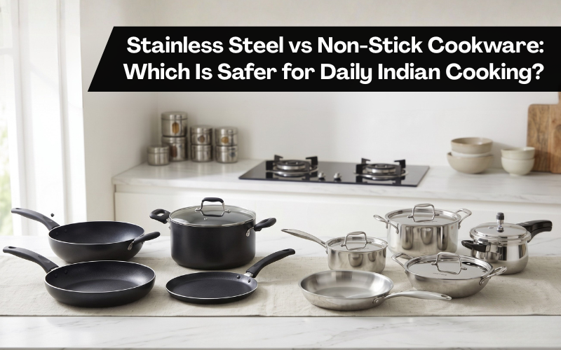 Stainless steel vs non-stick cookware India comparison in modern kitchen.