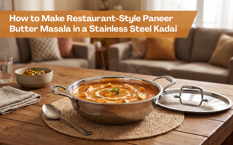 Restaurant-style paneer butter masala served in a stainless steel kadai with cream garnish, placed on a jute runner on a wooden table with matching lid and Indian living room background.