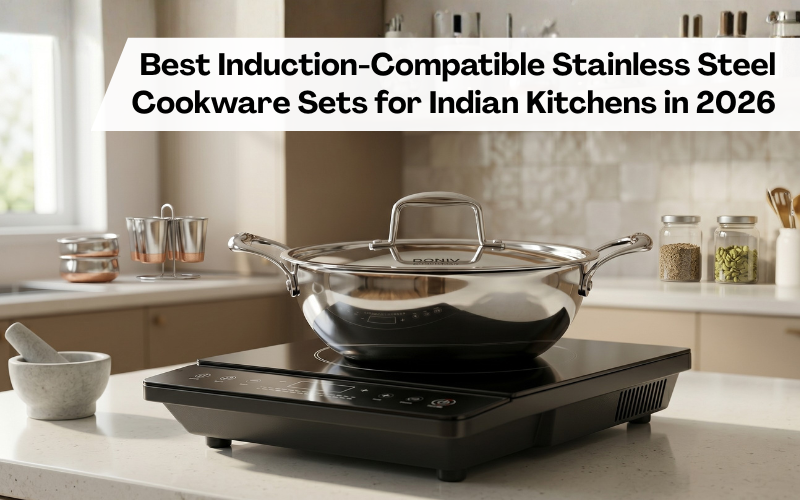 Best induction-compatible stainless steel cookware set for Indian kitchens in 2026 displayed on a black induction cooktop in a modern Indian kitchen.