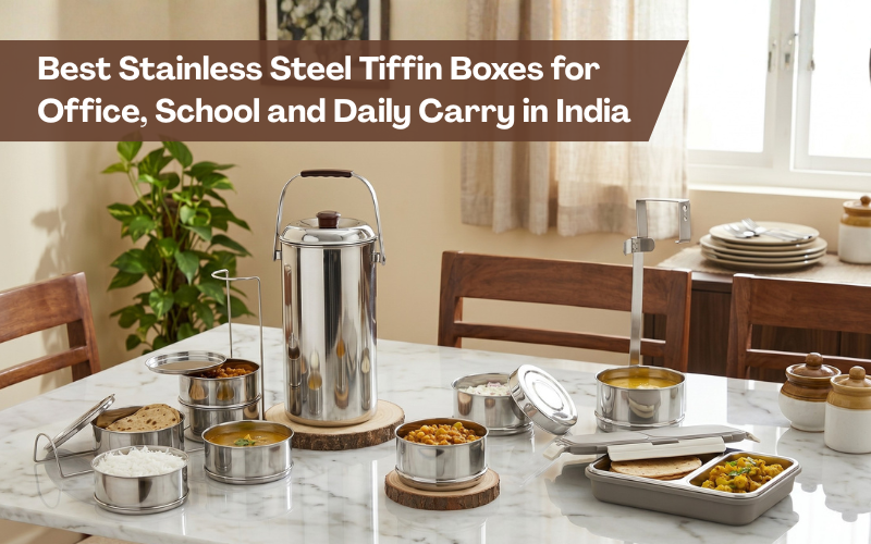 Vinod Steel stainless steel tiffin boxes including hot tiffin, Bombay tiffin and compartment lunch boxes displayed on a dining table in an Indian home for office, school and daily lunch carry.