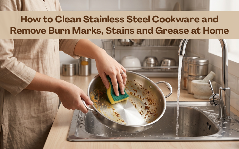 Indian woman cleaning stainless steel kadai with green scrubber in modern kitchen sink to remove burn marks and grease from cookware.