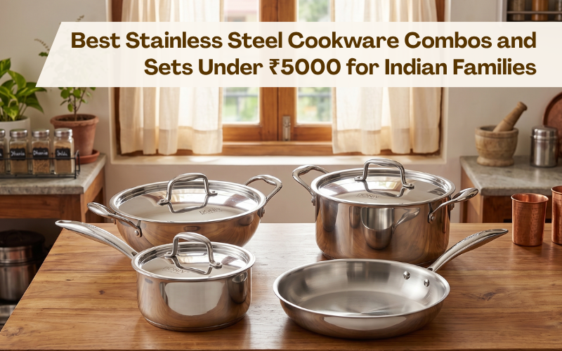 Best stainless steel cookware set under 5000 by Vinod Steel displayed in a modern Indian kitchen.