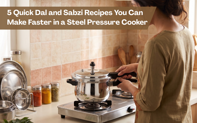 Indian woman opening a Vinod Steel pressure cooker on a steel gas stove in a modern home kitchen while preparing quick dal and sabzi recipes.