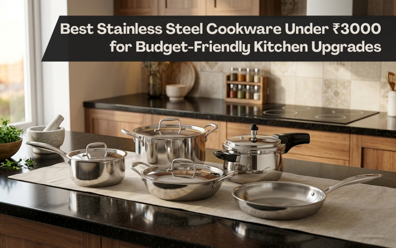 Vinod stainless steel cookware set displayed on a black kitchen countertop in a modern Indian kitchen for budget-friendly kitchen upgrades.