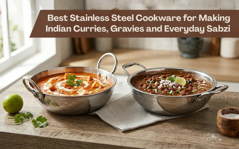 Stainless steel kadais filled with Indian curry and gravy on a kitchen countertop, showcasing cookware for everyday Indian cooking.