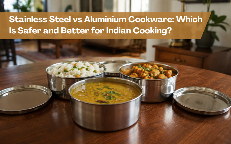 Cooked food stored in stainless steel containers overnight, including rice, dal, and sabzi on a wooden dining table.