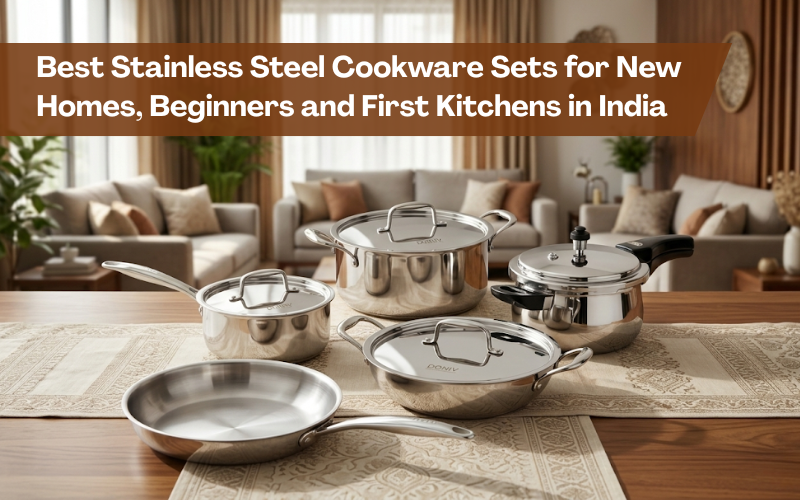 Vinod Steel stainless steel cookware set for new homes with triply cookware, pressure cooker and kitchen essentials for beginners.