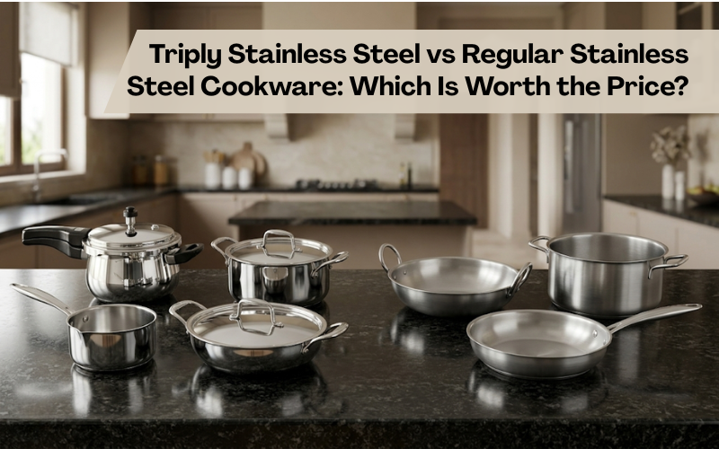 Triply stainless steel vs regular stainless steel cookware comparison featuring cookware sets, frying pans and cooking pots in a modern Indian kitchen.