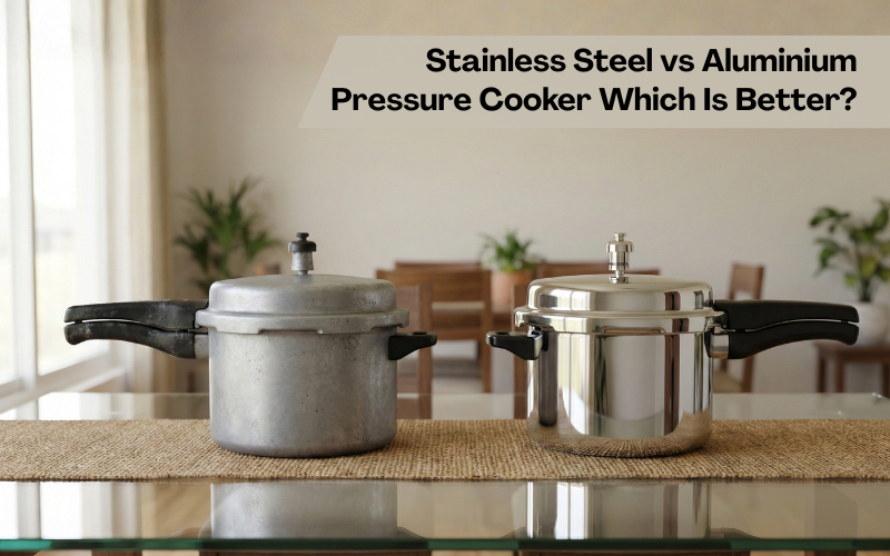 Steel vs aluminium cooker comparison showing an aluminium pressure cooker and a stainless steel pressure cooker on a glass dining table in an Indian home