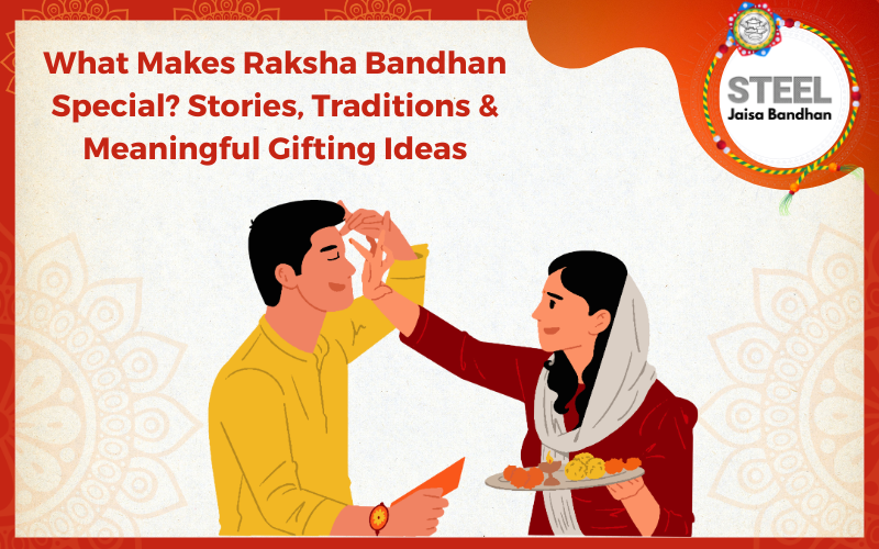 Sister tying rakhi on brother's wrist with Raksha Bandhan gifts from Vinod Stainless