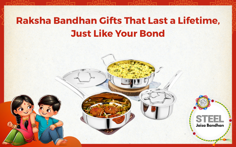 Raksha Bandhan stainless steel gift set with cookware from Vinod, celebrating strong sibling bonds