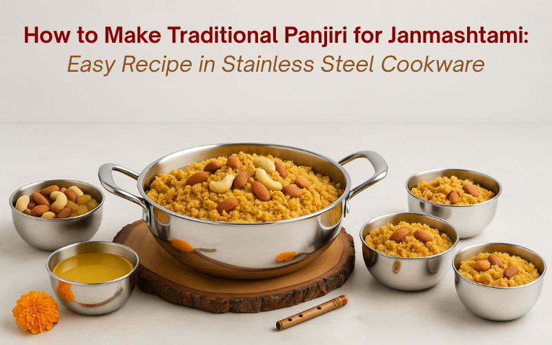 Traditional Panjiri in Vinod stainless steel kadhai and bowls for Janmashtami recipe