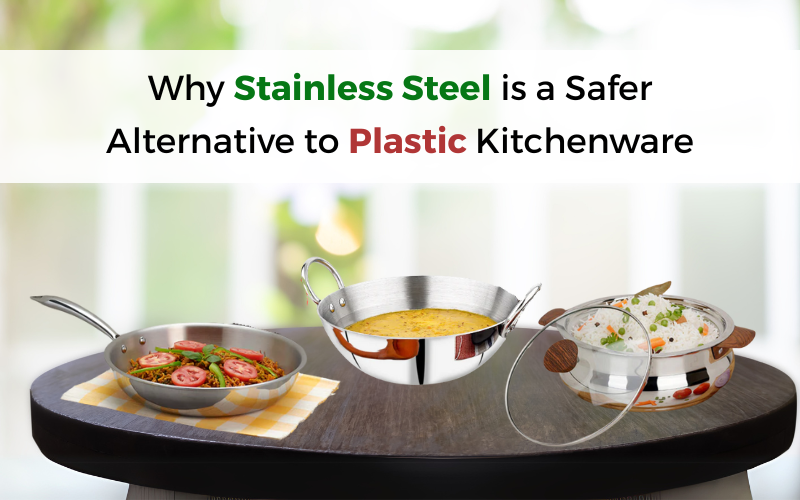 Stainless steel cookware set with vegetables on a kitchen counter, titled 'Why Stainless Steel is Safer Than Plastic