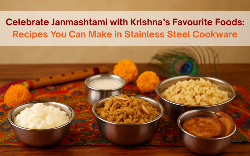 Janmashtami festive food display featuring Makhan Mishri, Dhaniya Panjiri, Panchamrit, Sweet Poha, and Malpua in polished stainless steel bowls with flute, peacock feather, and marigold flowers on a colourful cloth.