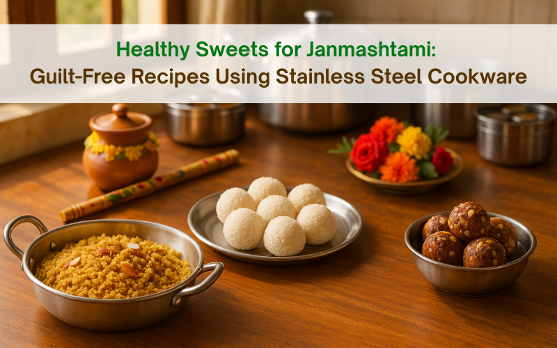 Healthy sweets for Janmashtami displayed in stainless steel cookware, dhaniya panjiri, coconut laddoos, and dates & nuts energy bites on a festive kitchen table with butter pot, flowers, and Krishna flute.