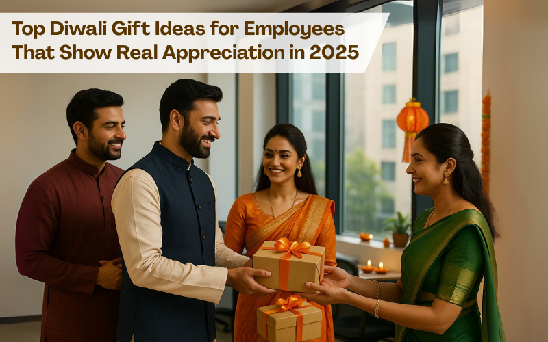 Employees in traditional Indian ethnic wear exchanging Diwali gifts in a modern office setting, symbolizing corporate appreciation and festive celebration 2025.