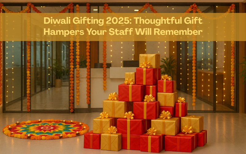Diwali gifting 2025 office celebration with marigold decorations, colorful rangoli, and festive gift hampers stacked in red and gold boxes 