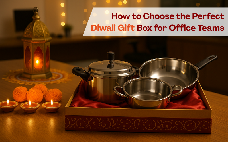 Diwali gift box with stainless steel cookware for office teams, festive lights and diyas, Vinod Steel corporate gifting banner