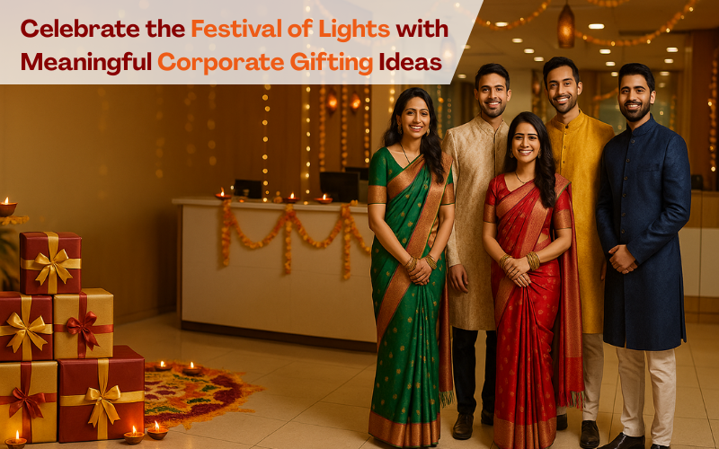 Corporate Diwali gifts banner with employees in ethnic wear, festive office décor, rangoli, diyas, and stacked maroon and golden gift boxes