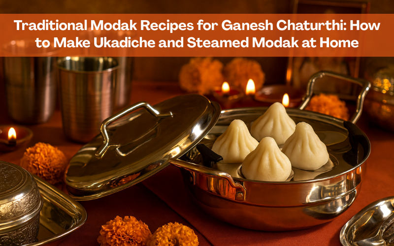 Ukadiche and steamed modak in stainless steel multi kadai with festive Ganesh Chaturthi setup of tray, glasses, puri dabba, marigold flowers, and diyas