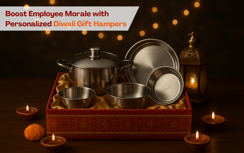 Premium stainless steel Diwali gift hamper with cookware, diyas, marigold flowers, and festive lights for corporate gifting