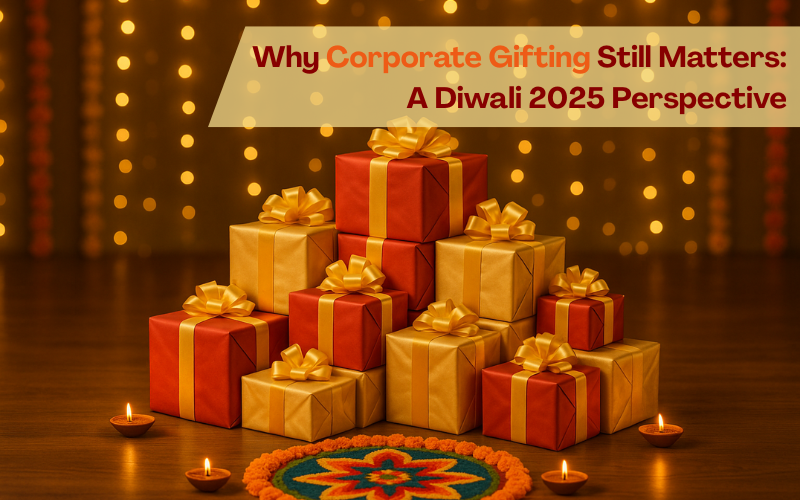 Diwali 2025 corporate gifting banner with red and gold presents, rangoli, and diyas
