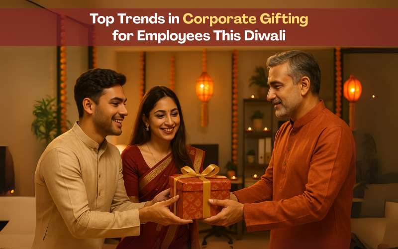 Corporate Diwali gifting – boss giving festive gift to employees in office with decorations