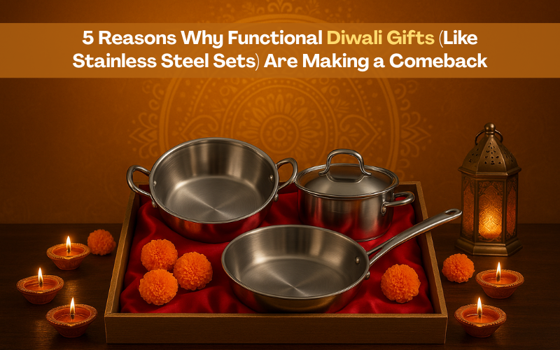 Diwali gift hamper with stainless steel kadhai, sauce pot, and frying pan, decorated with diyas, lantern, and marigold flowers.