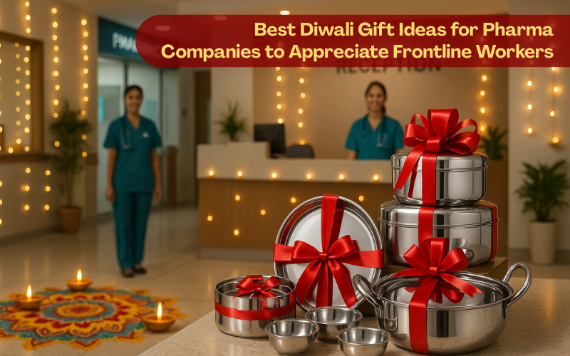 Pharma Diwali gifts for frontline workers – stainless steel dinner set, kadhai, masala dabba wrapped in festive ribbons at hospital reception with diyas and rangoli.