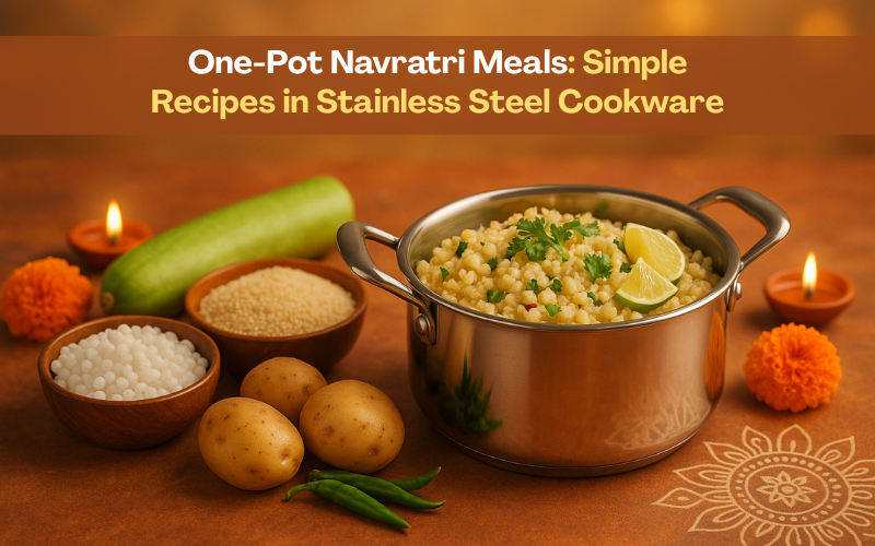 Navratri special vrat-friendly khichdi in stainless steel pot with sabudana, potatoes, lauki, and festive diyas