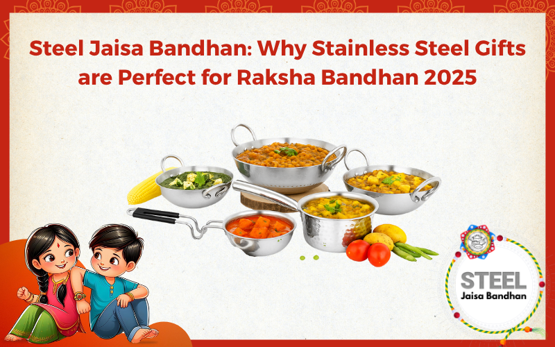 Stainless steel Raksha Bandhan gift set with cartoon siblings, Steel Jaisa Bandhan by Vinod Stainless Steel