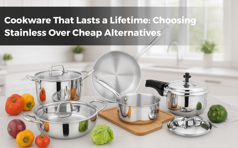 Premium stainless steel cookware set with vegetables on kitchen counter