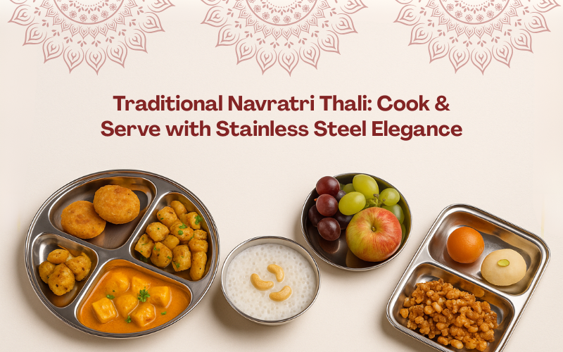 Navratri vrat thali with sabudana kheer, paneer curry, fruits, and sweets served in stainless steel plates on festive background