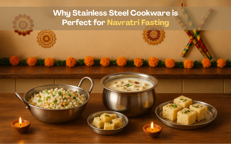 Stainless steel kadhai with sabudana khichdi, tope with makhana kheer, and plate of farali dhokla placed with diyas and Navratri decorations in the background