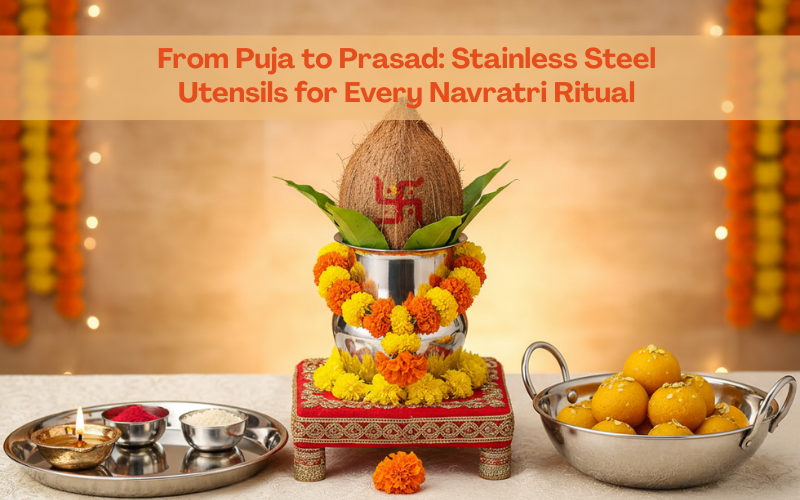 Navratri puja setup with stainless steel kalash, thali, prasad bowls and diya on festive background