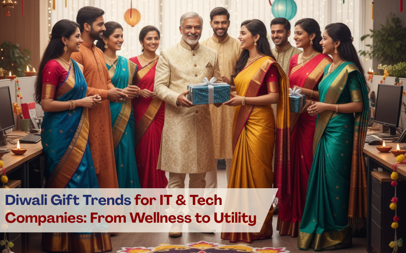 Diwali corporate gifting in IT office – employees in ethnic wear receiving stainless steel hampers from boss