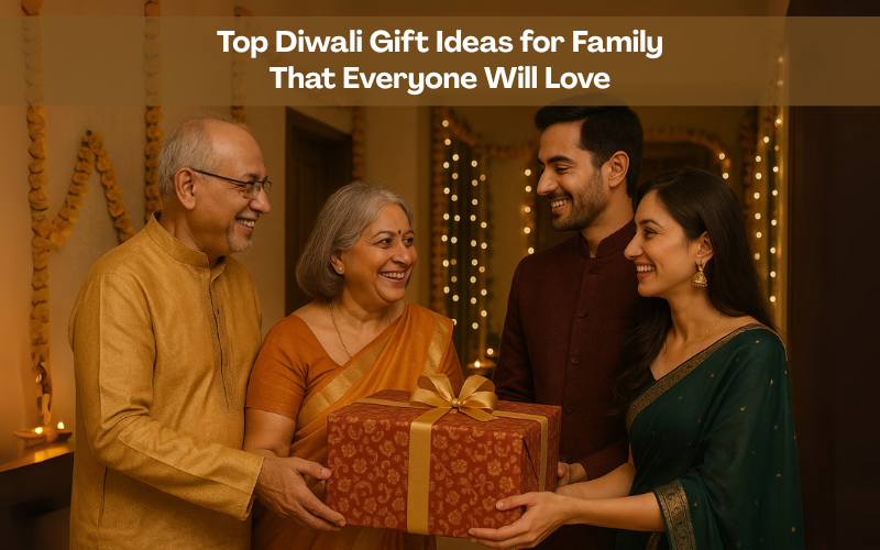 Happy Indian family celebrating Diwali at home, with elders giving a beautifully wrapped gift box to a younger couple, surrounded by marigold garlands and warm festive lights.