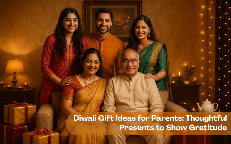 Happy Indian family celebrating Diwali at home with gifts and warm lights – perfect Diwali gift ideas for parents.