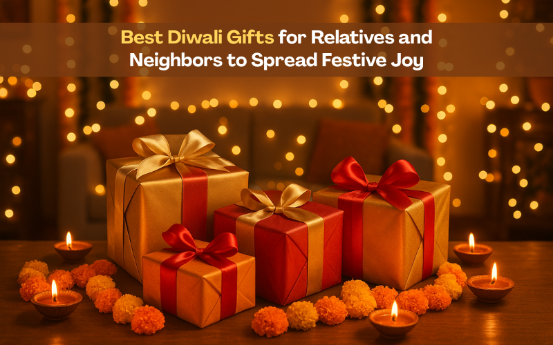 Beautiful Diwali gift hampers wrapped in red and gold with diyas and marigold decorations on a festive table, warm lights glowing in the background — banner for Best Diwali Gifts for Relatives and Neighbors blog by Vinod Steel.