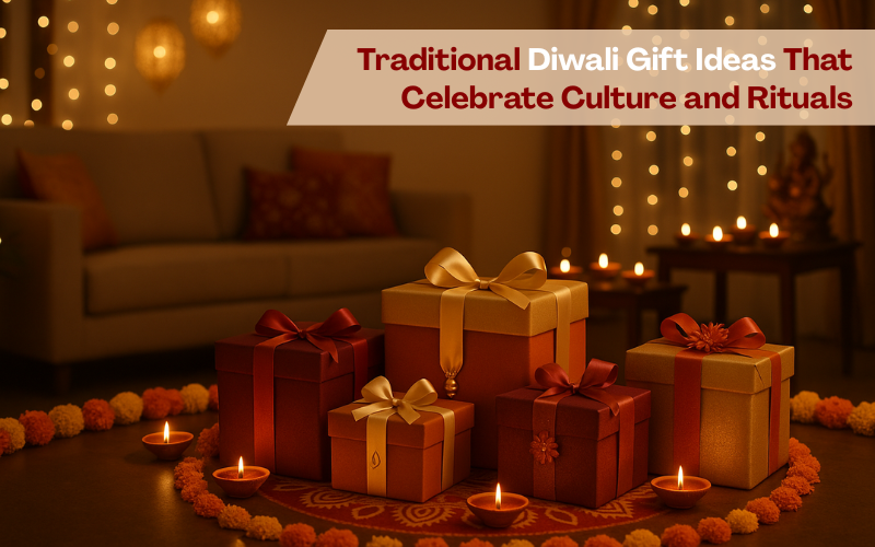 Beautifully wrapped Diwali gift boxes arranged with diyas and marigold flowers in a warm festive living room, symbolizing traditional Diwali gift ideas and cultural celebration.