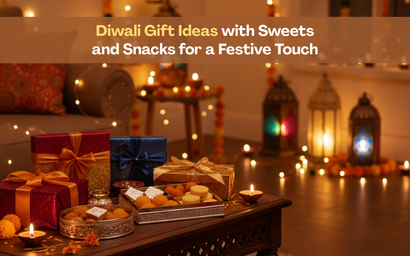 Diwali gift ideas with sweets and snacks, festive living room decorated with diyas, marigold garlands, lanterns, and wrapped gift boxes filled with kaju katli, motichoor laddoos, and pedas on a wooden table, creating a warm Diwali atmosphere.