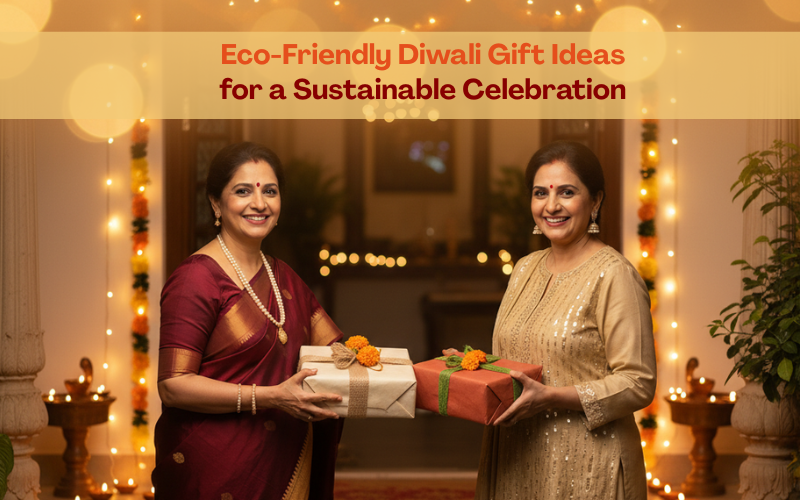 Two Indian women in elegant ethnic attire exchanging eco-friendly Diwali gifts wrapped in paper with marigold flowers, standing at a warmly lit doorway decorated with diyas and fairy lights, representing sustainable Diwali celebration.