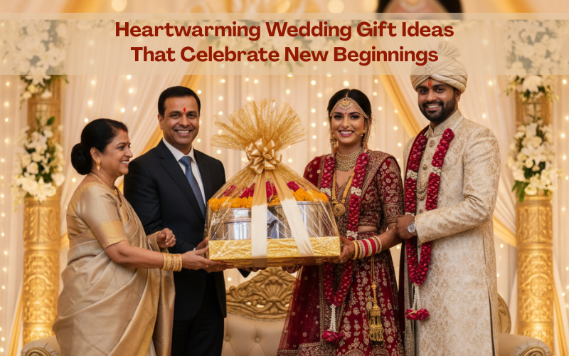 Indian wedding couple on stage receiving a large beautifully wrapped stainless steel gift hamper from family, with text overlay saying "Heartwarming Wedding Gift Ideas That Celebrate New Beginnings