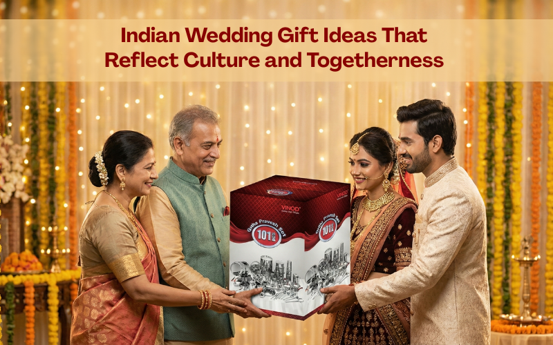 lderly Indian couple gifting a Vinod stainless steel dinner set box to a newlywed couple at a wedding ceremony.